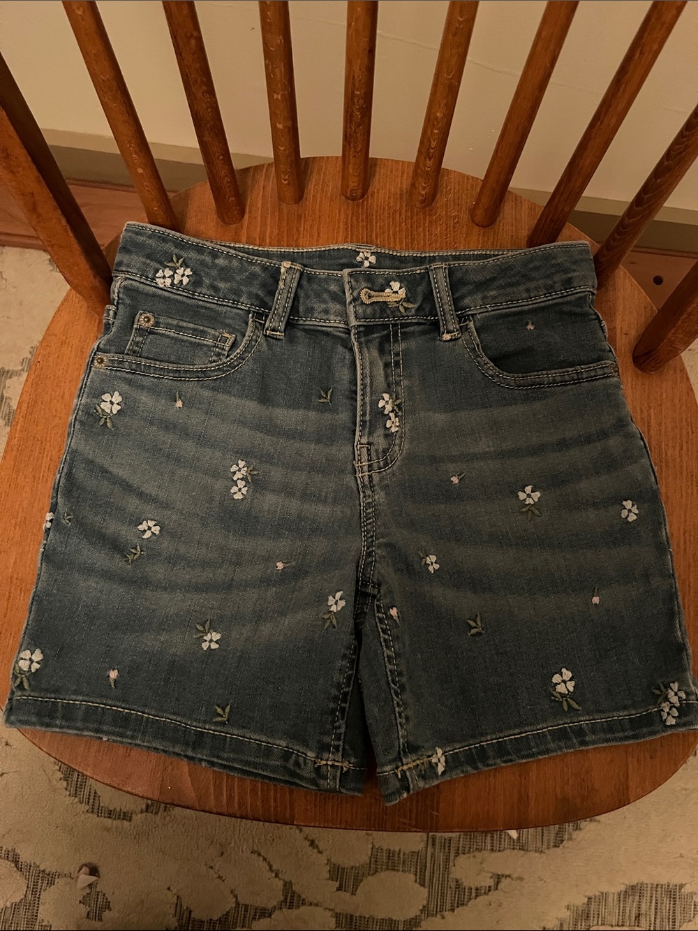 Kids Floral Embroidered Denim Shorts - Blue